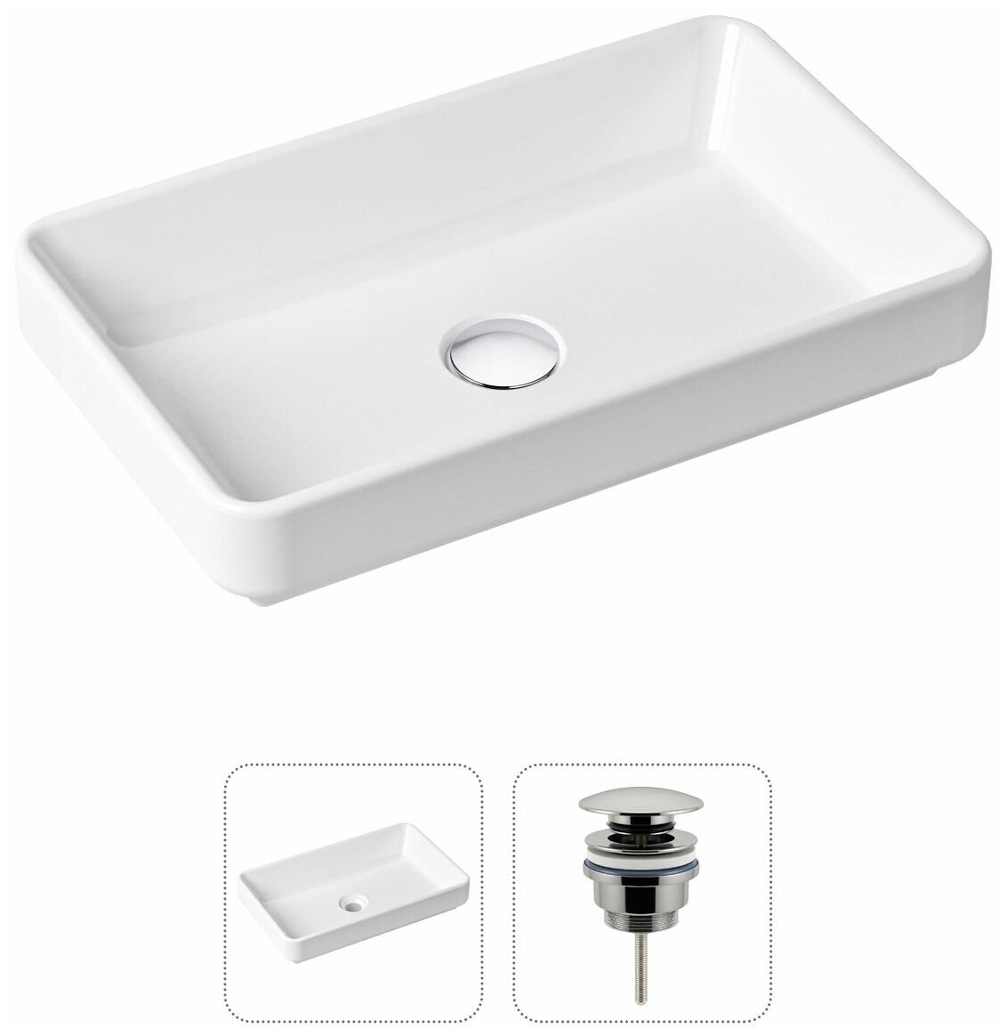 Накладная раковина в ванную Lavinia Boho Bathroom Sink Slim 21520809 в комплекте 2 в 1: умывальник белый, донный клапан в цвете хром