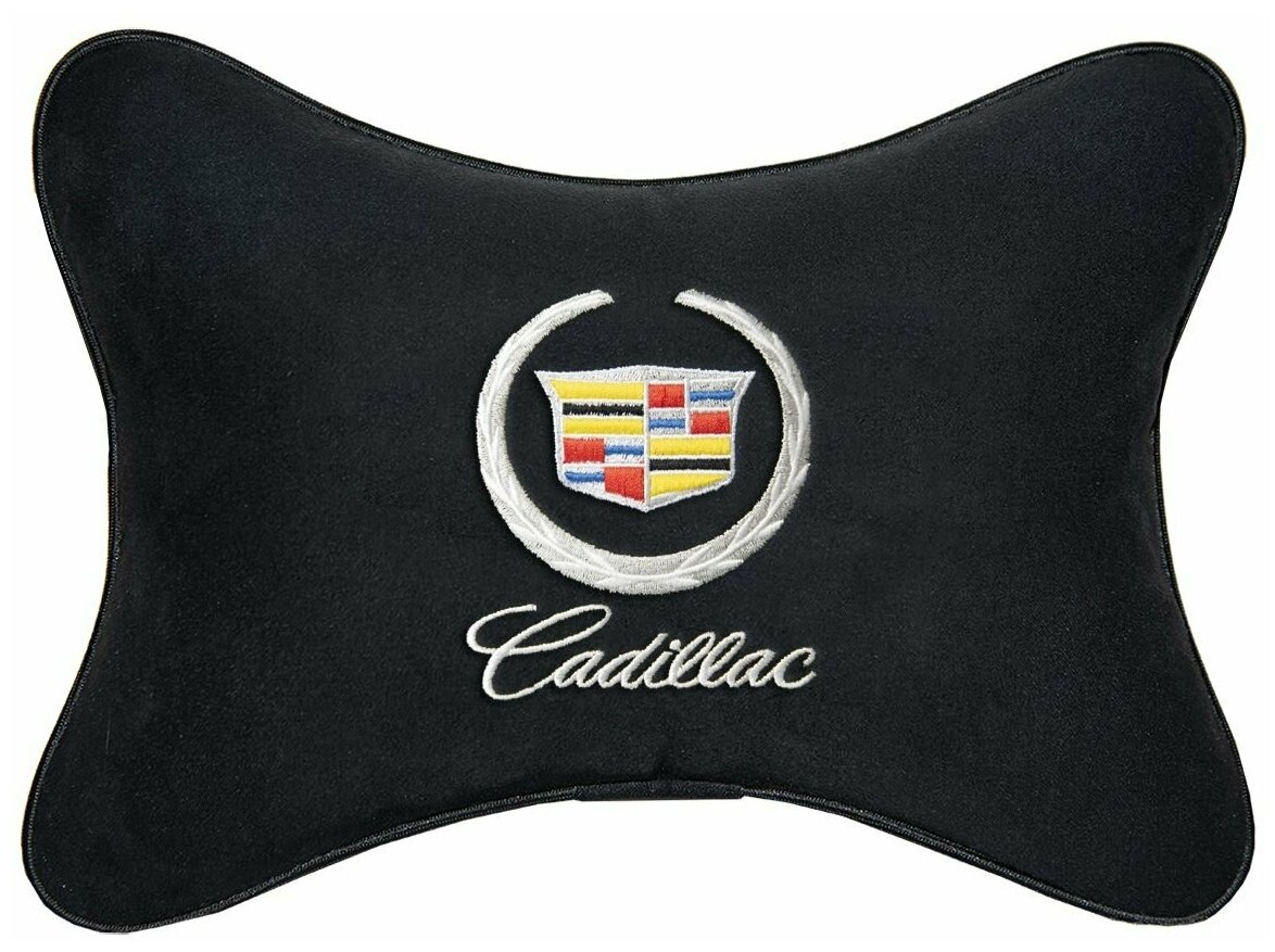 Автомобильная подушка на подголовник алькантара Black с логотипом автомобиля CADILLAC
