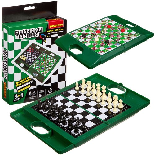 Настольная игра BONDIBON Шахматы, шашки, змейки и лестницы ВВ3484 настольная игра удачная партия 3 в 1 шашки шахматы змейки и лестницы шоколад кэт 12 для геймера 60г набор