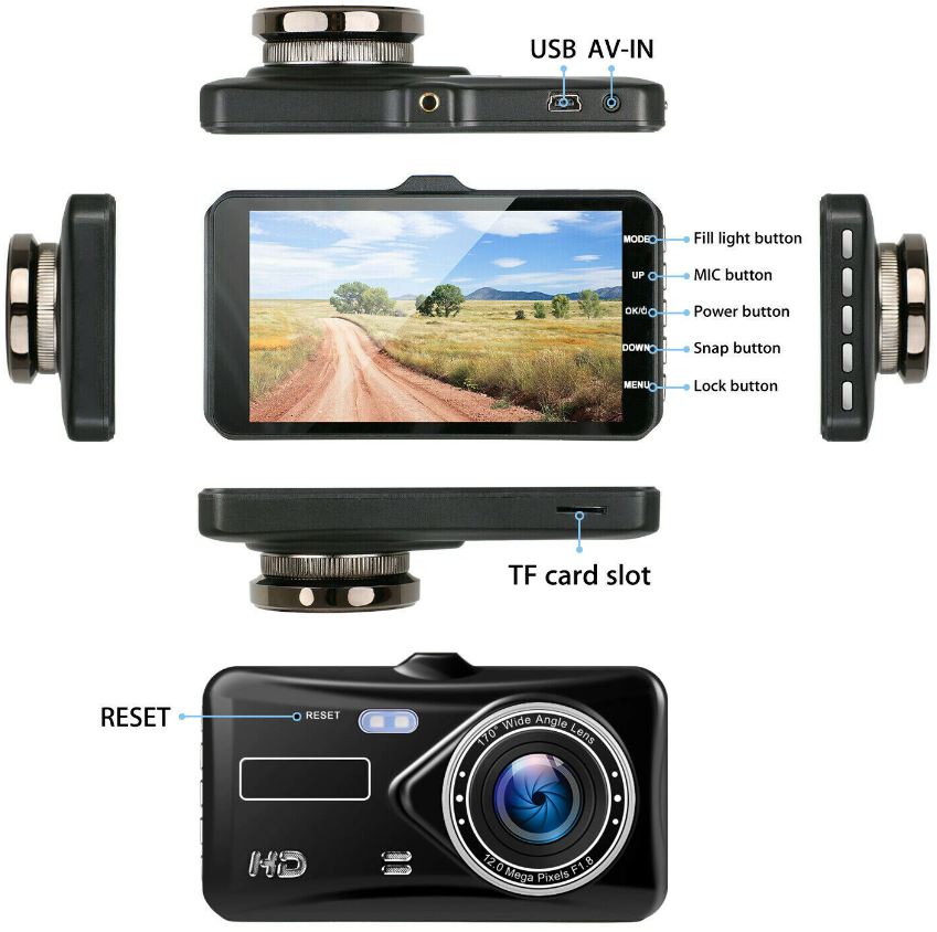 Автомобильный видеорегистратор Dual Lens с двумя камерами / Full HD 1080P / Сенсорный LCD дисплей / G-Sensor / HDR / Камера заднего вида для парковки