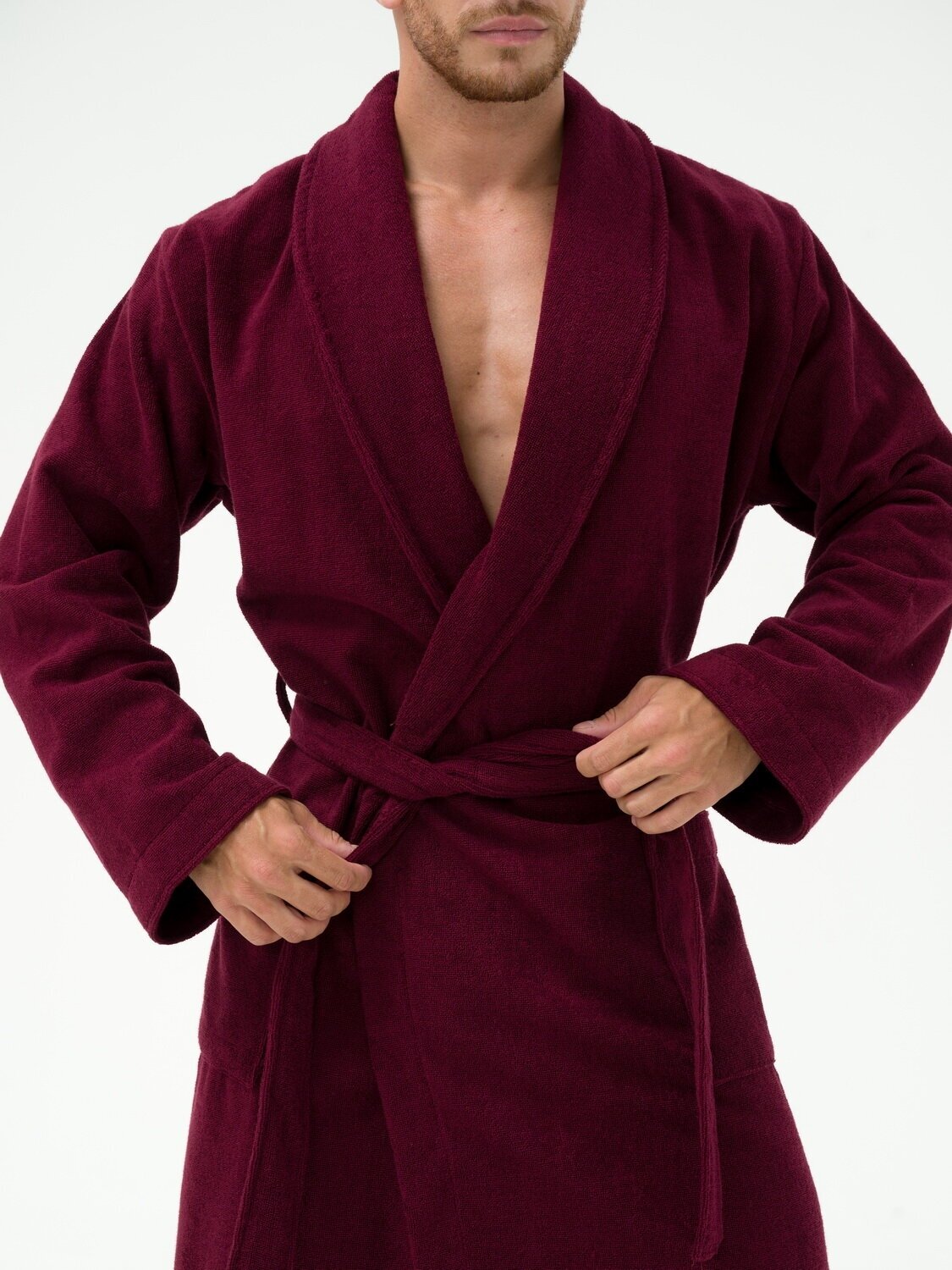 Мужской махровый халат с шалькой, темно-бордовый - фотография № 6