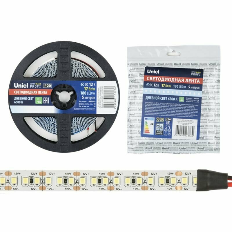 Обзор: Uniel Лента светодиодная дневной белый свет PROFI 17W 6500K ULS-M16-2835-180LED/m-10mm-IP20-DC12V-17W/m-5M-6500K PROFI