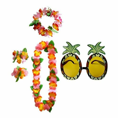 Гавайский набор Хула - 6 : гавайское ожерелье, повязка на голову, браслеты, очки