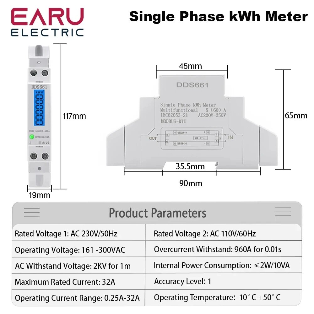Изображение Однофазный ваттметр EARUELECTRIC DDS661, DDS661-220V
