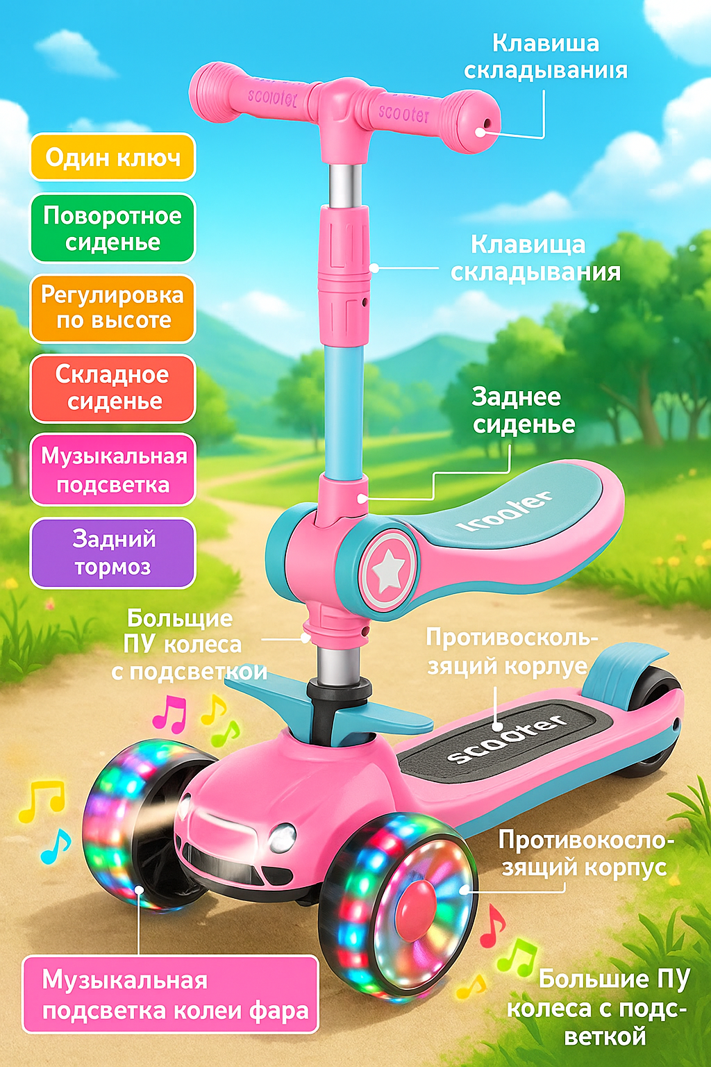 Самокат для детей, с горящими колесами, для мальчиков и девочек самокат трансформер 4 в 1, детский самокат с сиденьем. — фото 1
