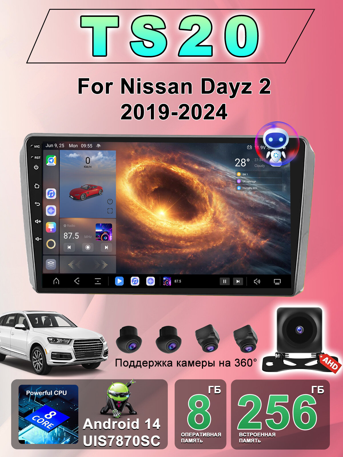 Штатная Магнитола TS20 для Nissan Dayz 2 2019-2024, с камерой заднего вида. QLED экран 10.1 дюймов, Wifi 2din с сенсорным экраном, usb и блютузом