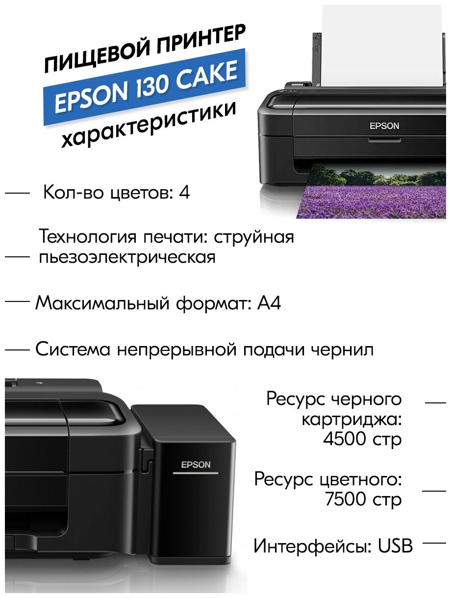 Пищевой принтер Epson START Cake с СНПЧ для кондитеров стартовый набор №5 (принтер пищевые чернила 4х100мл промывочная жидкость сахарная бумага)