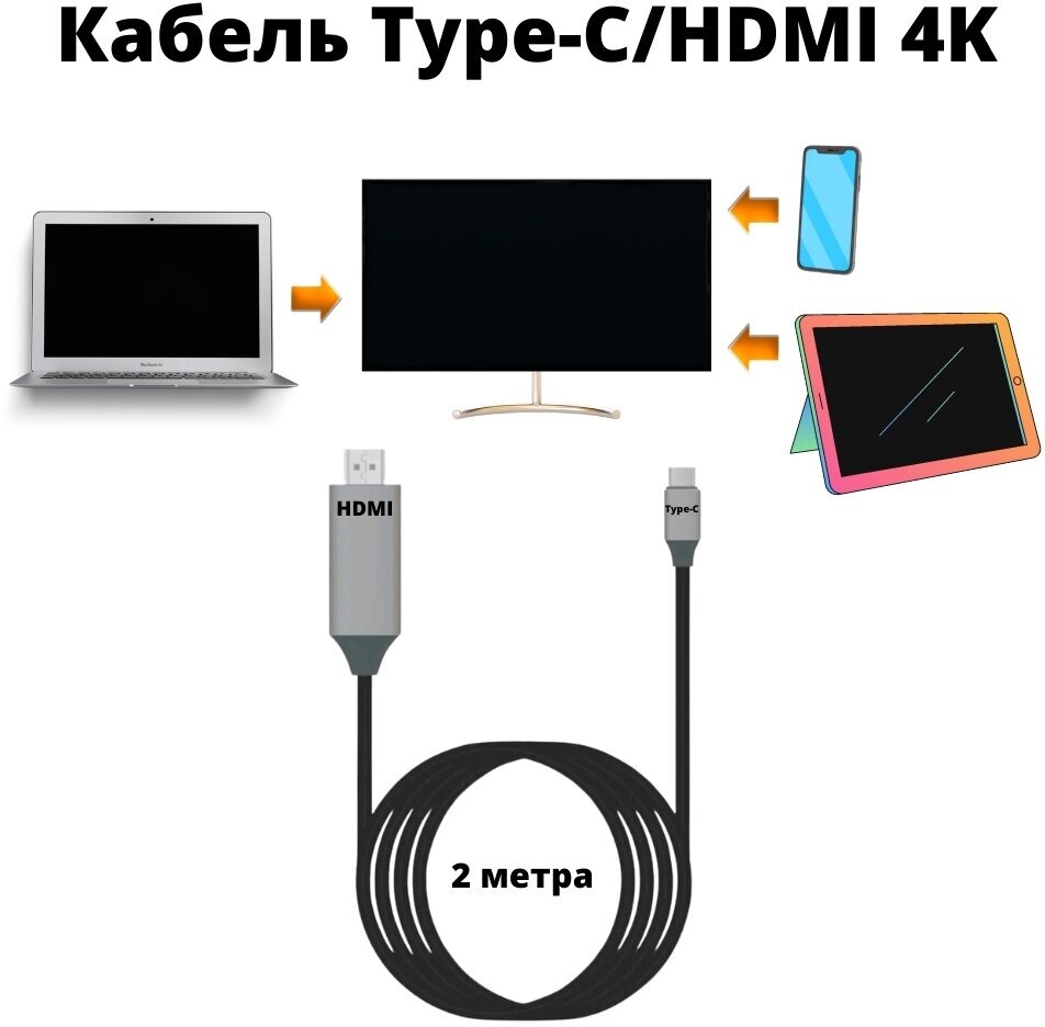 Кабель адаптер переходник Type-C/HDMI 4K 3840х2160 30Hz 2 метра