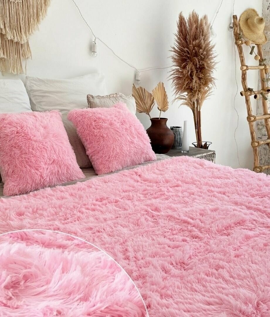 Плед пушистый на диван кровать Евро 200х220 травка розовая - фотография № 3