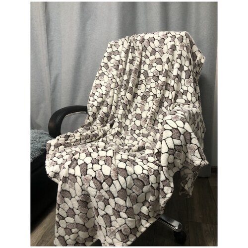 Плед мягкий плюшевый 180х200 см, покрывало с рисунком Камушки коричневый - белый, плед флисовый