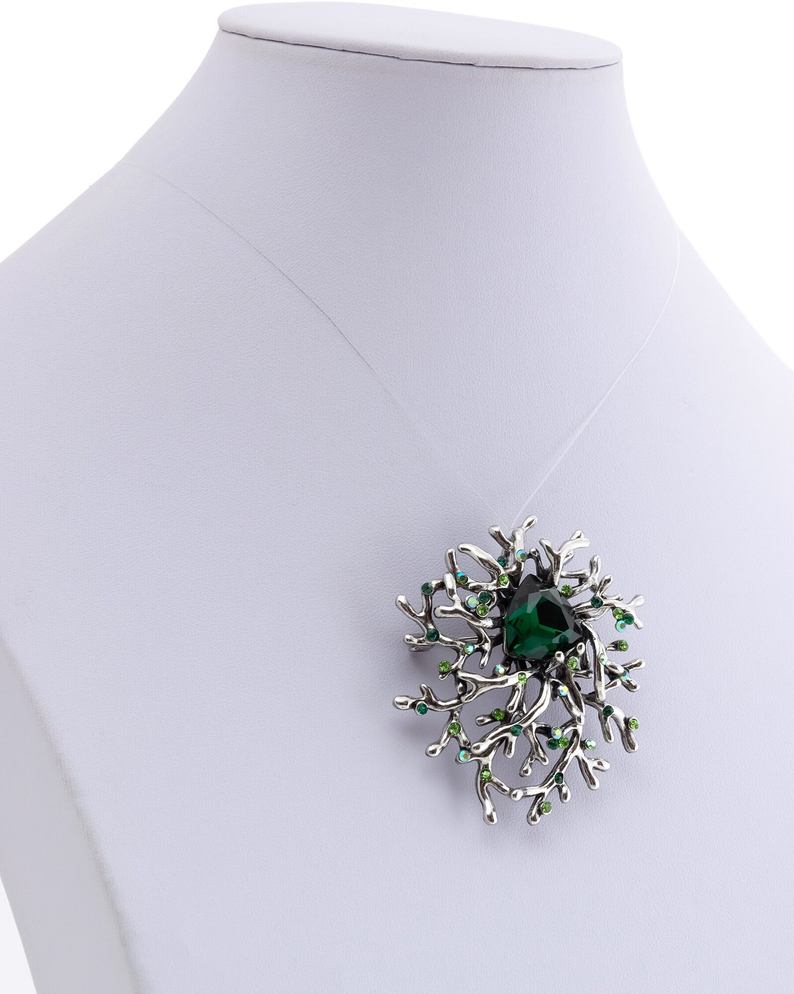 Брошь ЖемАрт, кристалл, 1 шт., зеленый, серебряный — фото 1