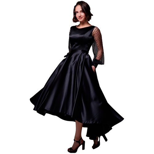 Платье VEHOVAdresses, атлас, трапециевидный силуэт, миди, карманы, размер 44, черный