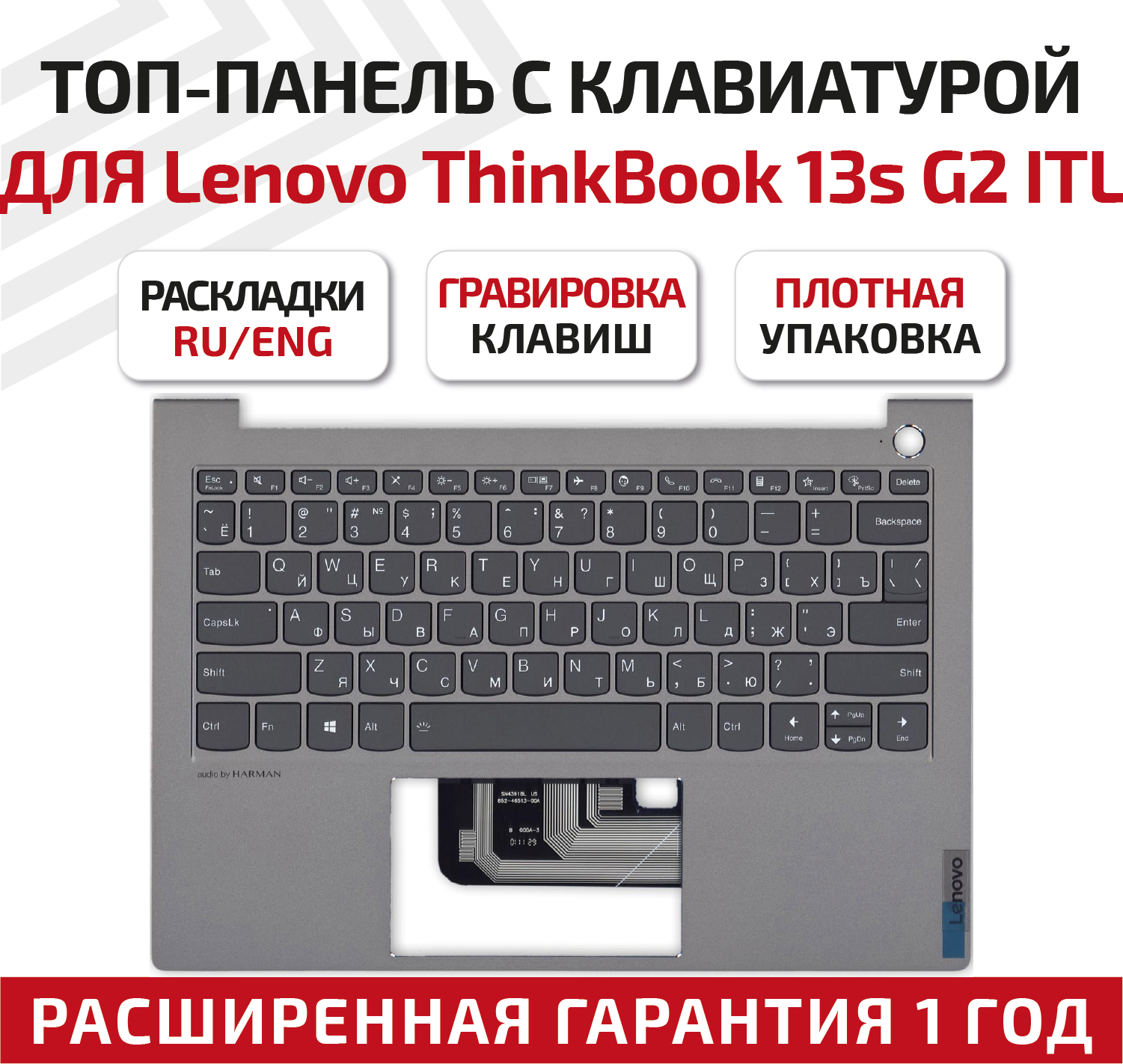 Клавиатура (keyboard) 5CB1B02475 для ноутбука Lenovo ThinkBook 13s G2 ITL, топкейс, серебристый