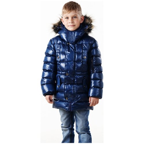 Куртка Времена Года зимняя, удлиненная, капюшон, манжеты, карманы, отделка мехом, ветрозащита, регулировка ширины, съемный капюшон, утепленная, съемный мех, подкладка, стеганая, размер 128, синий
