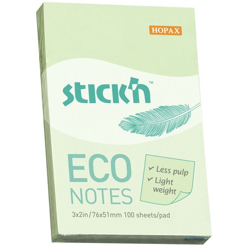 Блок самоклеящийся бумажный Stick`n ECO 51x76мм 100лист. 60г/м2 пастель зеленый
