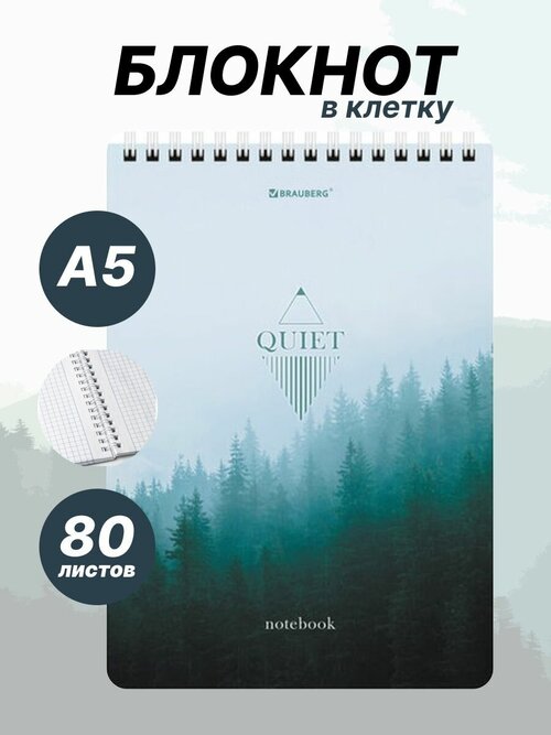 Блокнот в клетку А5 на кольцах Безмятежность 80 л, Brauberg