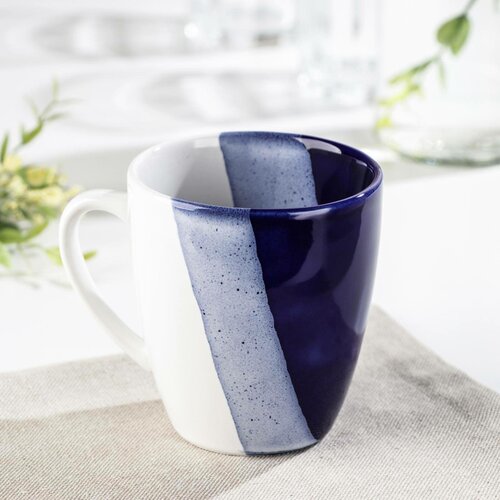 Кружка белая с синими полосками Кубаньфарфор, 1 шт, керамика, объем 340 мл