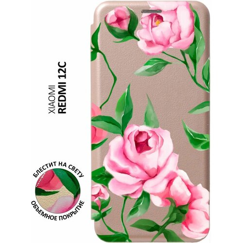 Чехол-книжка на Xiaomi Redmi 12C, Сяоми Редми 12С с 3D принтом Amazing Peonies золотой чехол книжка на xiaomi redmi 12c сяоми редми 12с с 3d принтом amazing asters золотой