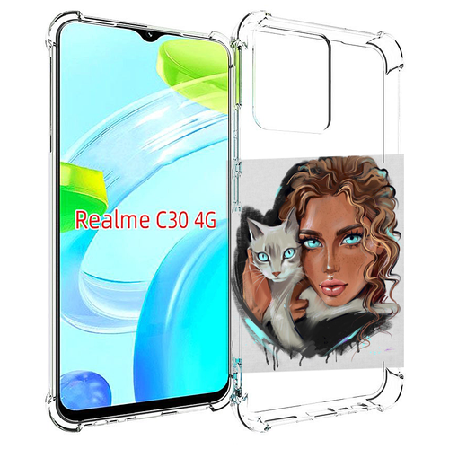 чехол mypads нарисованная девушка с котом женский для realme c30 4g narzo 50i prime задняя панель накладка бампер Чехол MyPads девушка-с-котом-голубые-глаза женский для Realme C30 4G / Narzo 50i Prime задняя-панель-накладка-бампер