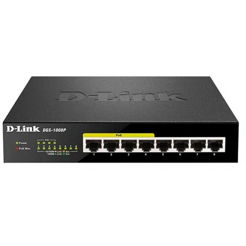 Коммутатор D-Link DGS-1008P/F1A 8x1000Base-T Неуправляемый black powertone poe инжектор неуправляемый pi 154 1a 1x10 100 1000base t 802 3af poe бюджет 18вт уценка