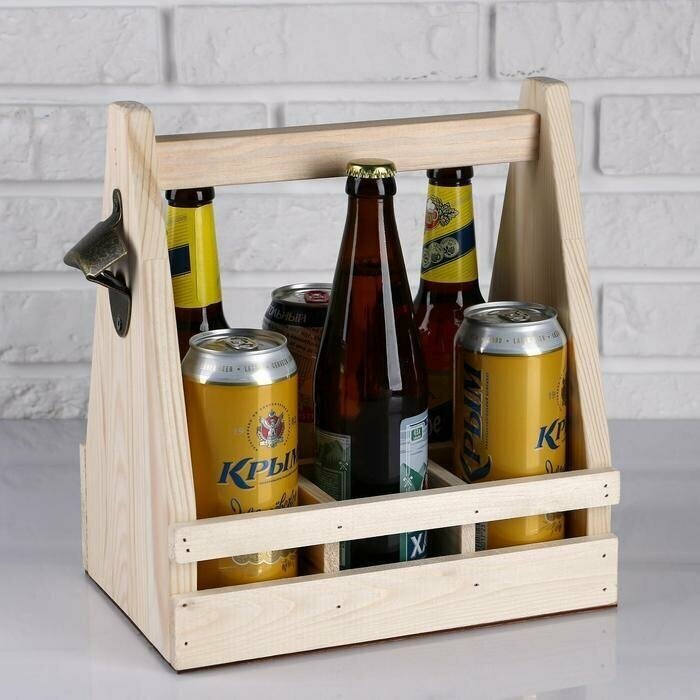 Ящик для пива 27x18x30 см с открывашкой, под 6 бутылок, деревянный