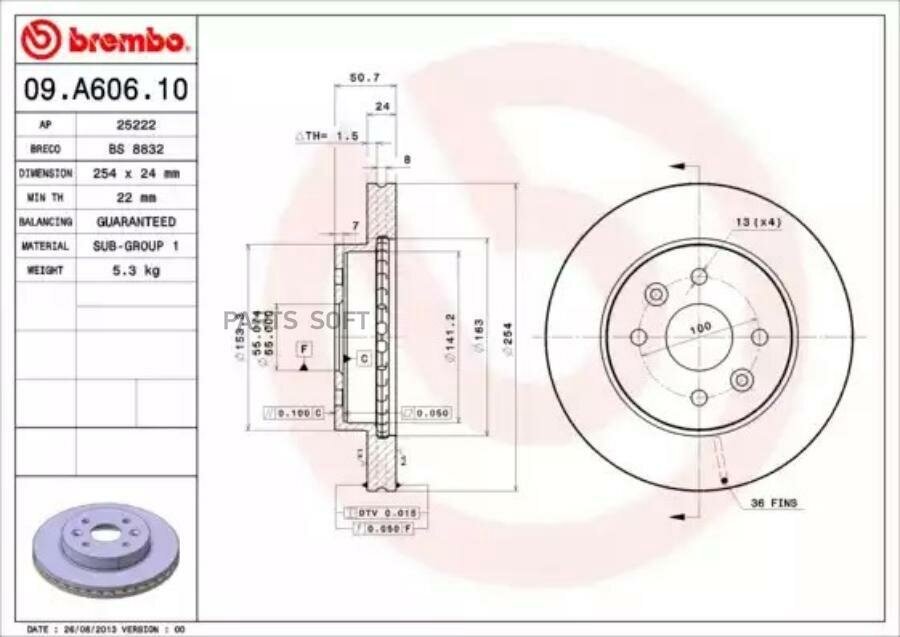 BREMBO 09. A606.10 Диск тормозной передн. KIA RIO Estate (DC) 08/00-02/05 / KIA RIO Saloon (DC_) 09/00-02/05 ()