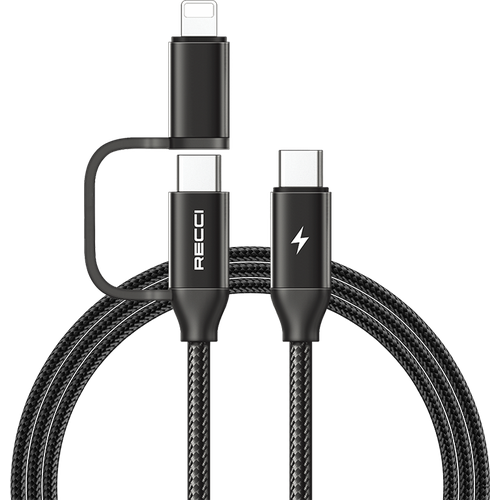 Кабель для зарядки телефона Recci RTC-P03CC 2 в 1 Type-C to Type-C + Lightning, 1 метр, PD 20 Вт + 65 Вт, черный