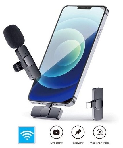 Микрофон петличный. беспроводной К9 / Wireless Microphone / петличка для Android / Type-C / черный