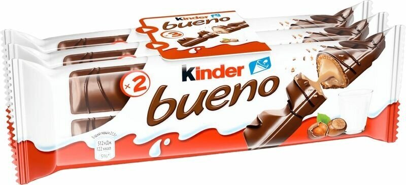 Вафли в молочном шоколаде Kinder bueno с молочно-ореховой начинкой, 3 шт. ×