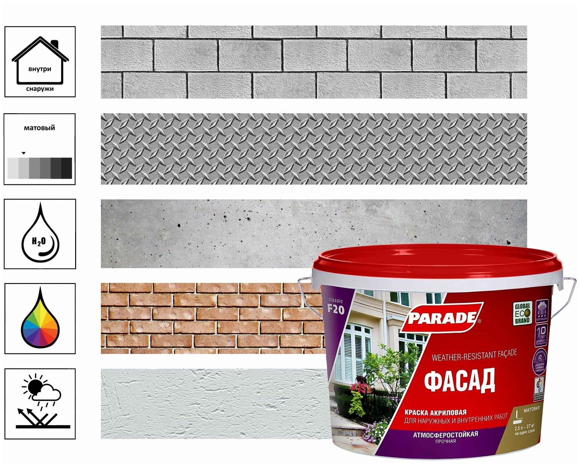 Краска фасадная PARADE F20 Фасад база А 0,9л Россия
