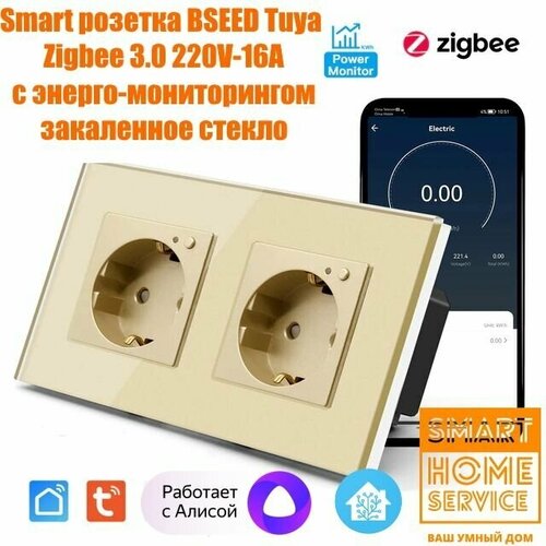 Умная розетка BSEED, встраиваемая, двойная, закаленное стекло,Zigbee 3.0, 220V-16A, цвет-Золотой