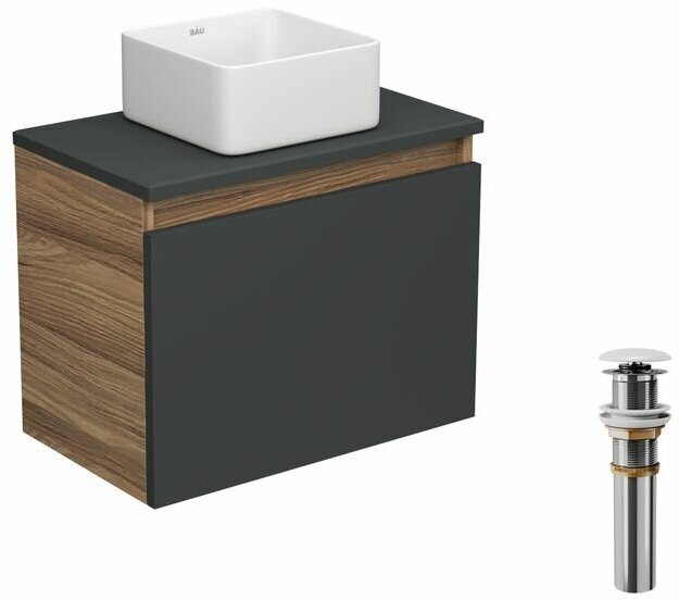 фото Тумба с раковиной и выпуском (тумба Bau Dream 50, графит + раковина накладная квадратная BAU Hotel mini 24х24, выпуск клик-клак, белый)