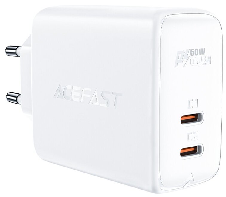 Зарядное устройство сетевое ACEFAST PD50W GaN USB-C+USB-C dual port charger (EU). Цвет: белый - фото №1