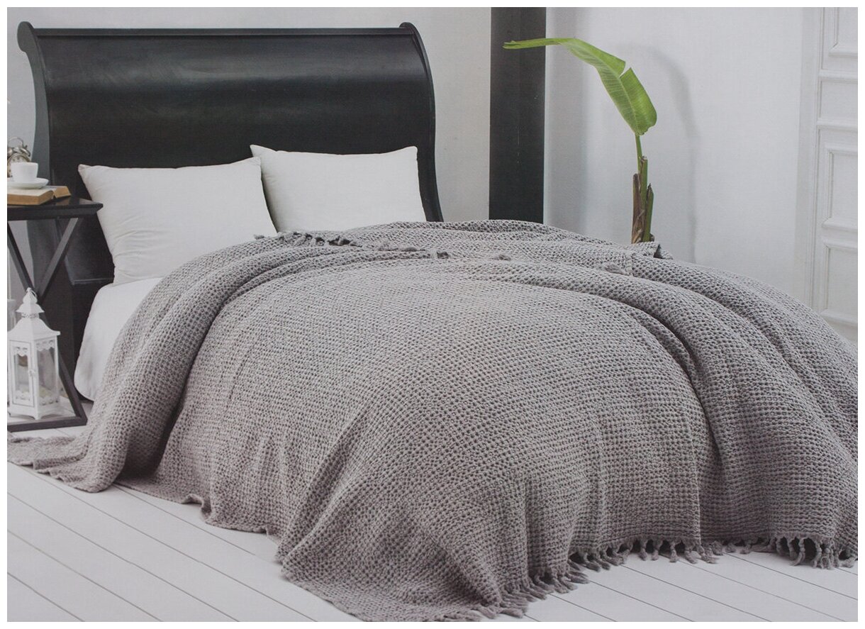 Вафельное покрывало с кисточками Emeline Maison dor (серо-синий), 240x260