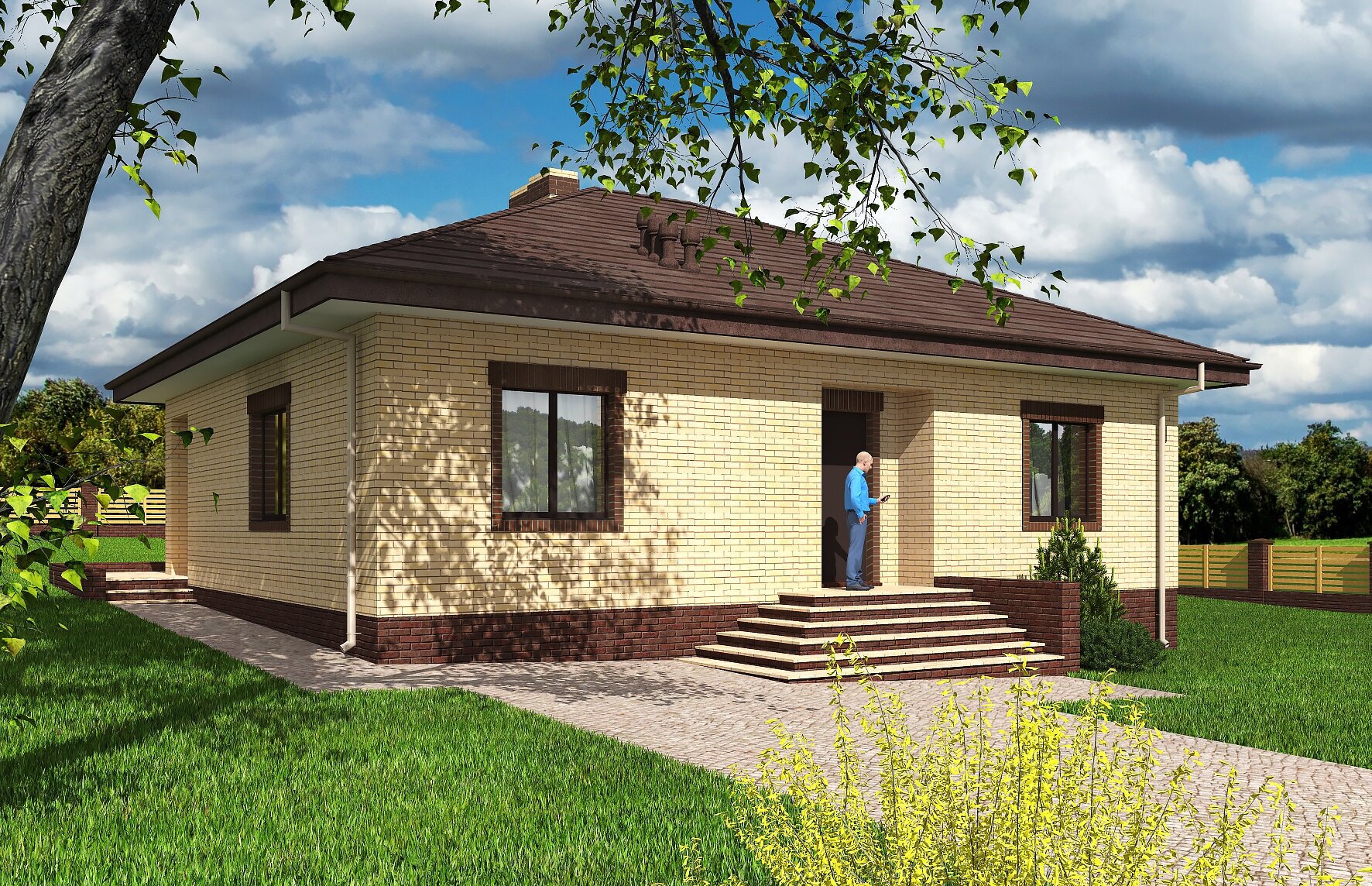Одноэтажный дом с террасой (97 м2, 11м x 13м) Rg5570