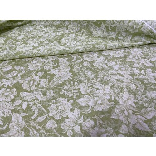 220 см. Полульняная ткань для постельного белья Flower green от 1 метра