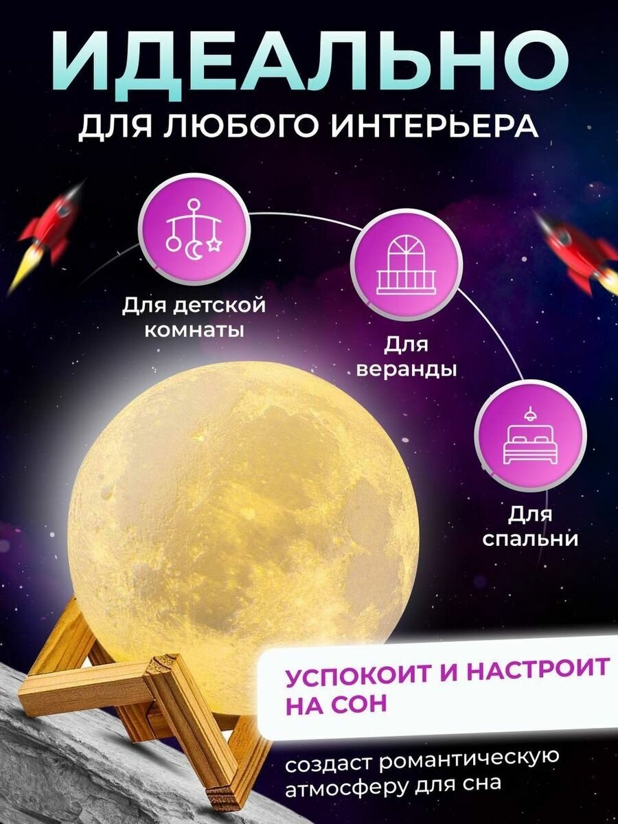 Светильник-ночник 3D шар Луна , на деревянной подставке с пультом управления, 15 см - фотография № 2