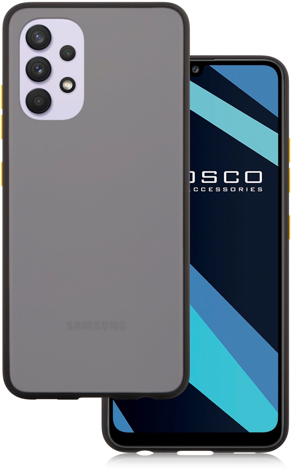 Противоударный чехол ROSCO на Samsung Galaxy A32 (Самсунг Галакси А32) с удобными желтыми кнопками гибкая окантовка полупрозрачный матовый черный