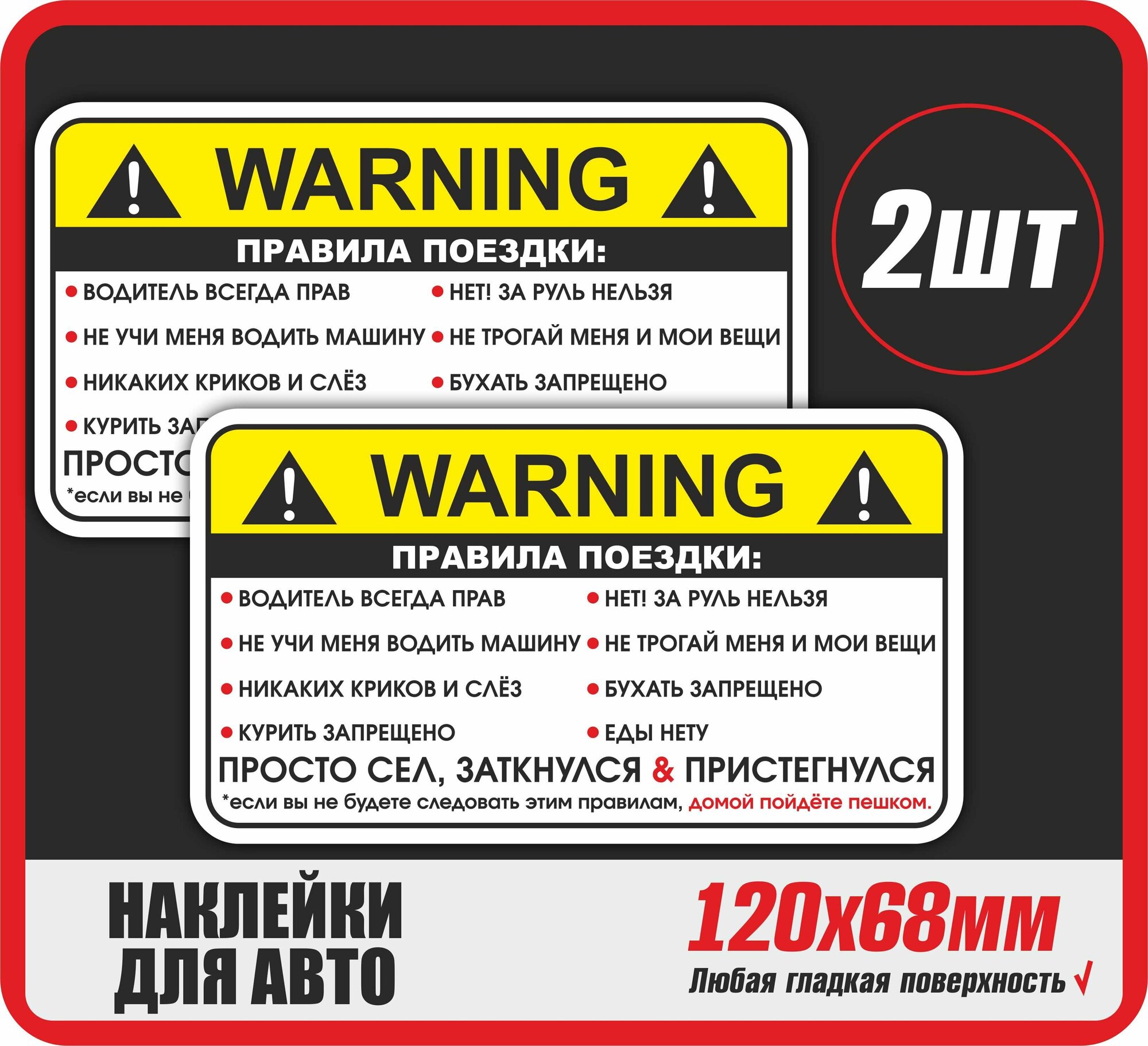 Наклейка на авто Warning Правила поездки пассажира 120х68 мм 2шт в комплекте