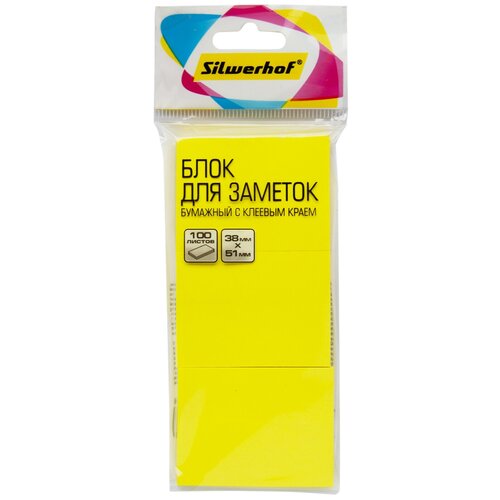 Блок самоклеящийся бумажный Silwerhof 38x51мм 100лист. 75г/м2 неон желтый европодвес (упак:3шт)