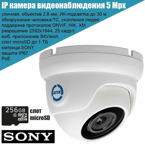 IP камера видеонаблюдения ATIX 5Mpx уличная купольная, 2.8 мм, микрофон, матрица SONY, аналитика, Onvif, PoE, приложение BitVision