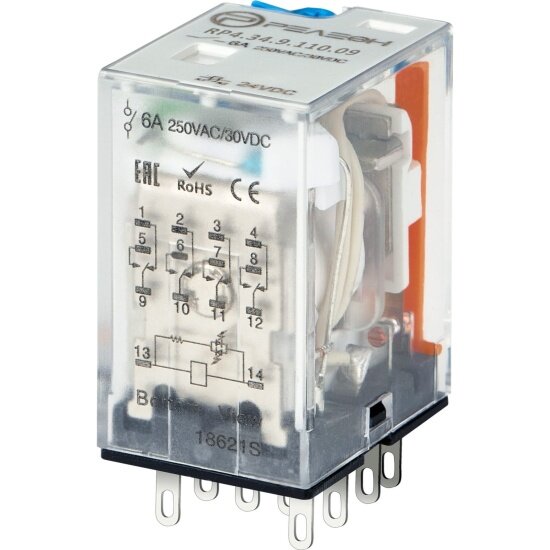 Промежуточное реле Релеон 4 CO контакт 6А 110В DC, блок. кнопка проверки + светодиод, RP434902405
