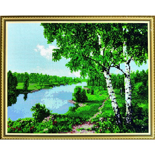 Алмазная мозаика 40x50см круглые стразы полная выкладка на подрамнике, цветы, природа, пейзаж , горы, лес, речка, озеро,