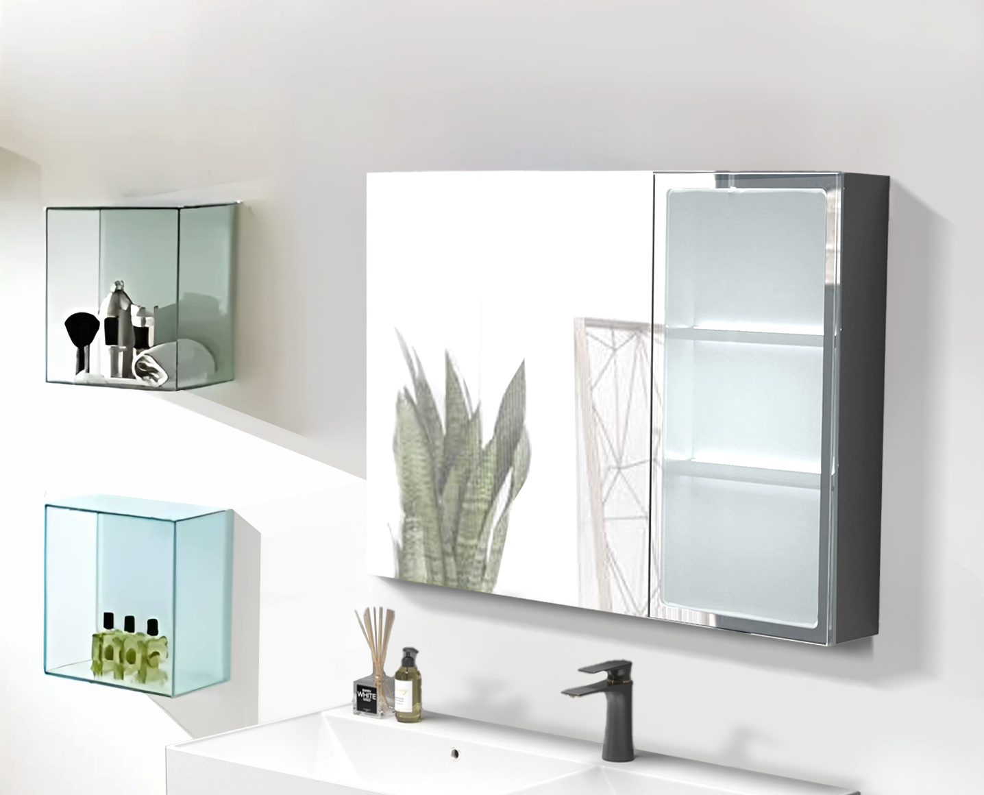 Мебель для ванной Ceruttispa подвесная, с зеркальным шкафом, с двойной раковиной, темно-серый - фото №2