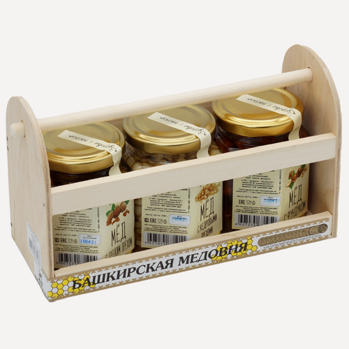 Изображение товара Медовый набор с орехами (кедр, грецкий, фундук) "Башкирская медовня" 250 грамм х 3 шт