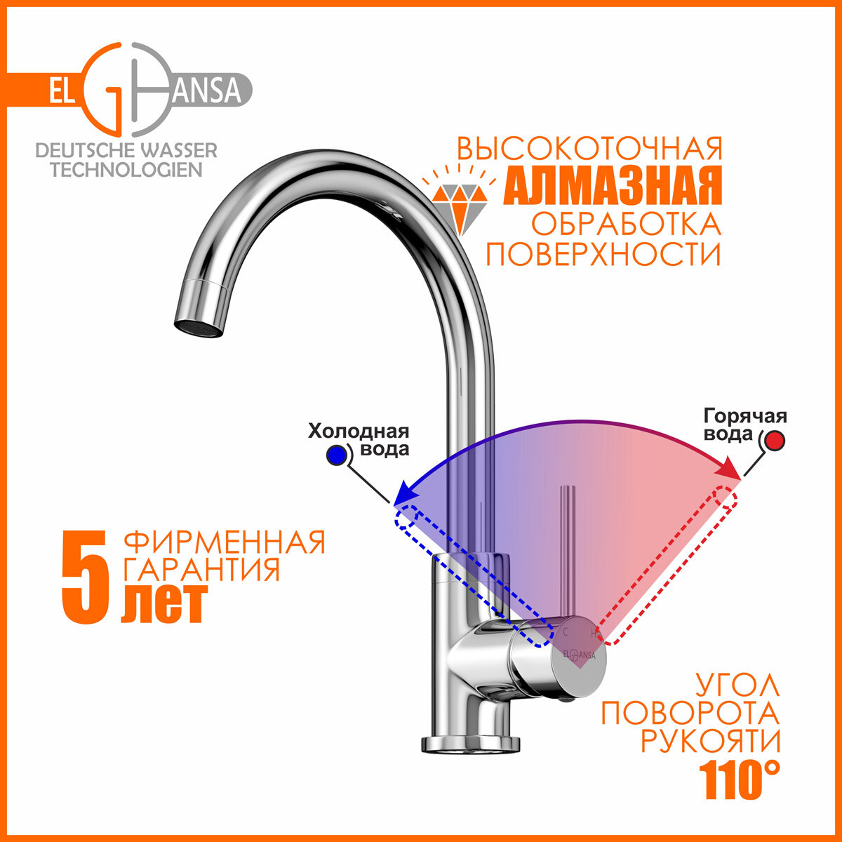 Смеситель для кухни латунный с аэратором ELGHANSA RUND KF210-290 хром