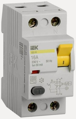 Изображение товара УЗО IEK MDV10-2-016-030, электромеханическое, 16A, 30mA, 2 модуля
