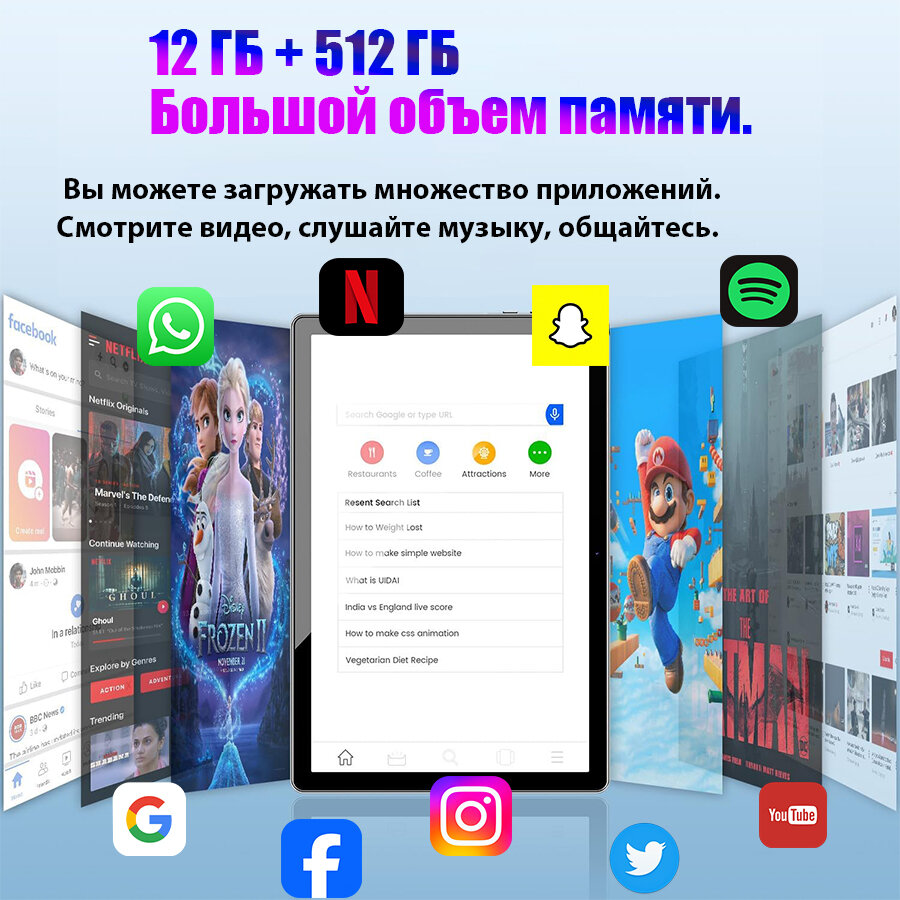 Планшет игровой 10.36" 12ГБ+512 ГБ Планшет с клавиатурой WIFI+SIM андроид для игр серый — фото 1