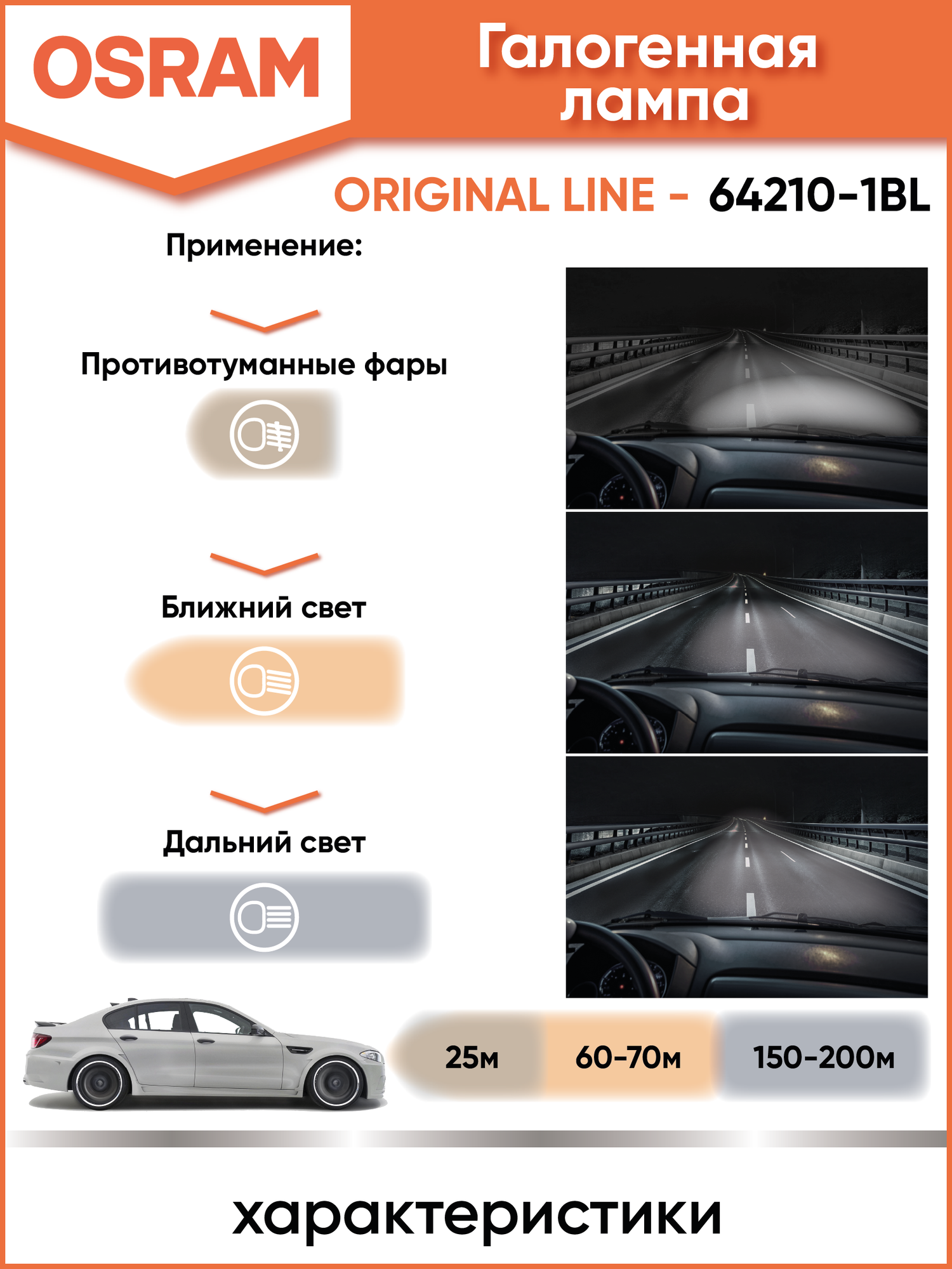 Лампа OSRAM 64210-1BL, H7, 55 W, для легковых автомобилей, галогенная, PX26D, 1 шт.