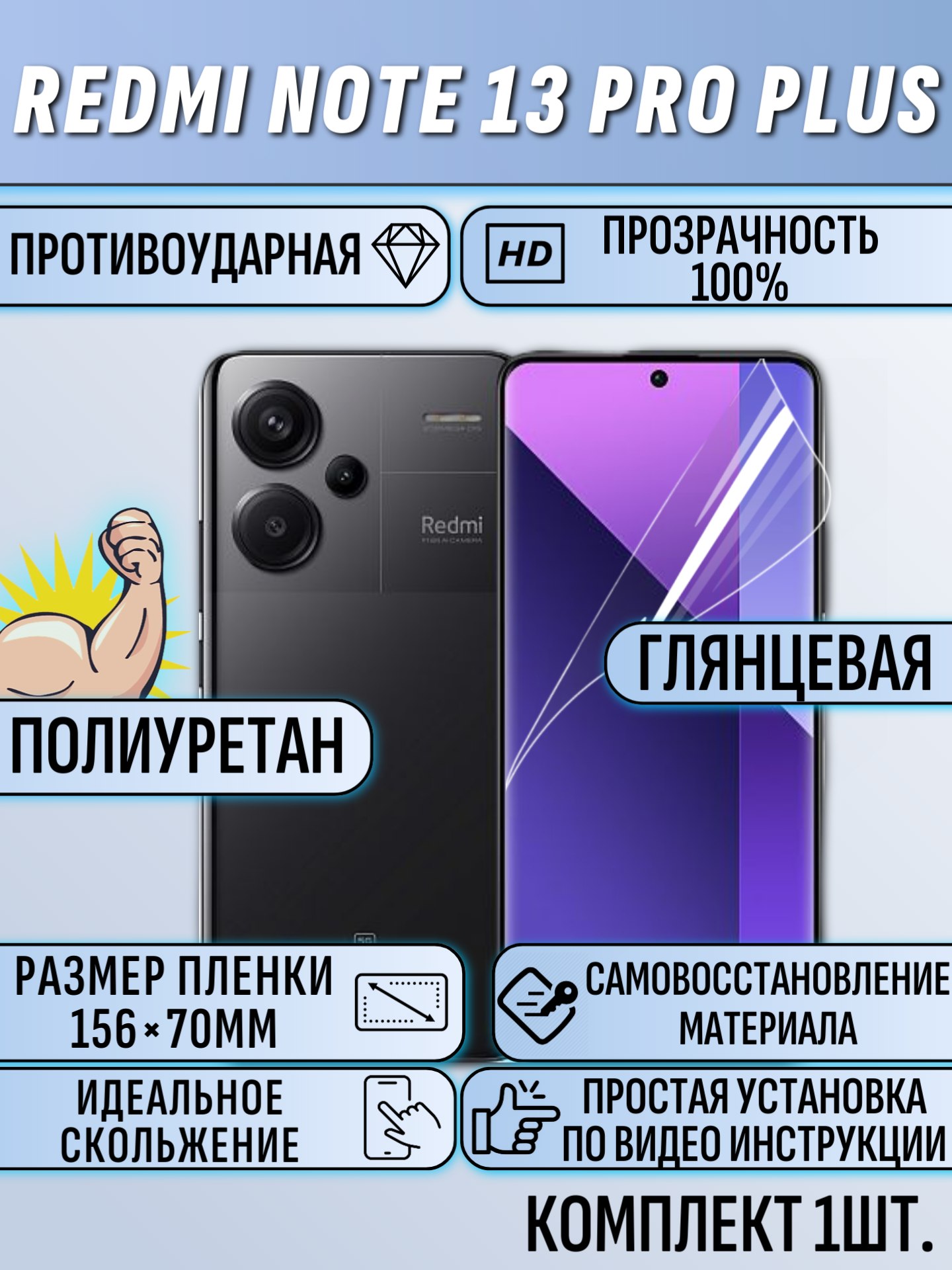 Гидрогелевая пленка для Xiaomi Redmi Note 13 Pro Plus глянец под чехол